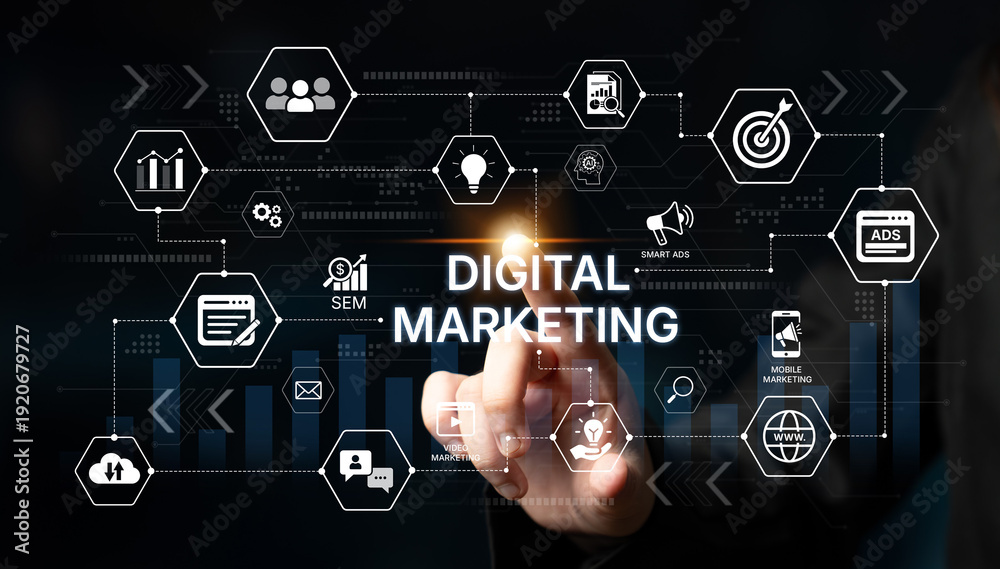 Fototapeta premium Creative digital marketing dashboard for campaign analytics and growth. Digital marketing insights, digital marketing automation, KPI, digital marketing performance for business strategy. Corpus