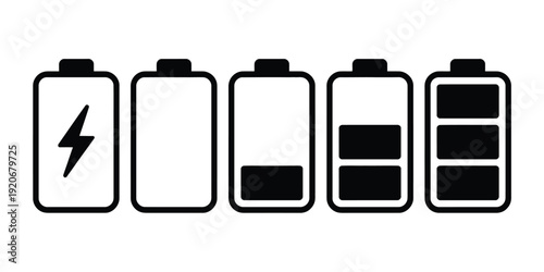 A set of five battery icons with different charge levels on a white background