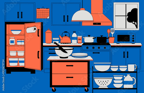 Meal Prep And Home Cooking Illustration Of Kitchen Interior With Utensils Food Storage And Appliances For Recipe Content And Food Blog