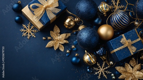 Luxury Christmas decorations on a dark blue background  flat lay of blue and gold baubles, star-shaped ornaments, and golden gift boxes with blue ribbons 