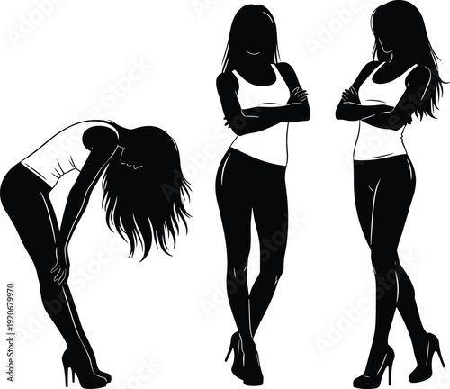 Black and white female silhouettes set featuring woman in tank top leggings and high heels in standing and bending poses