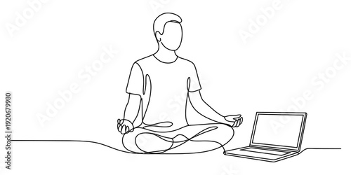 Continuous line drawing of a person meditating next to a laptop, representing digital wellness and mindfulness. Vector, illustration