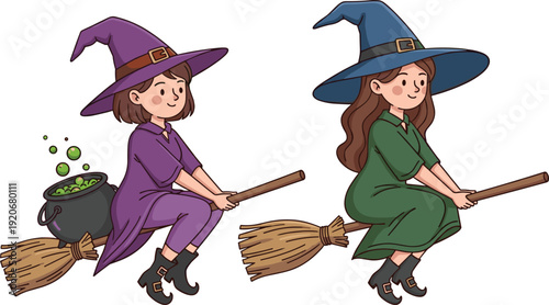 Two cute young witches flying on broomsticks with a magic cauldron, purple and green fantasy characters isolated on white background