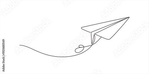 A minimalist continuous line drawing of a paper airplane flying with a loop trail behind it Vector, illustration