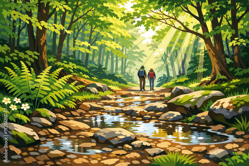 Hiking trail through a forest with two people walking beside a stream in the afternoon