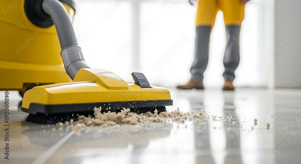 Fototapeta premium Yellow vacuum head sucking up dirt on clean tile floor; worker in background
