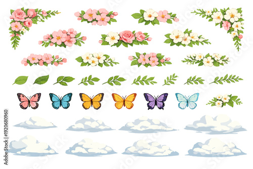 Floral and butterfly designs with clouds for decoration in craft projects and scrapbooking