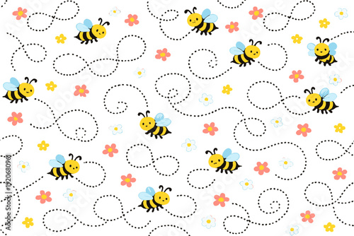 Bright and cheerful bees and flowers create a fun pattern on a white background for children during the day