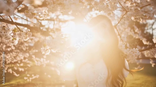 Young woman stands near cherry blossom tree during sunset in a park, enjoying nature and light in the warm evening