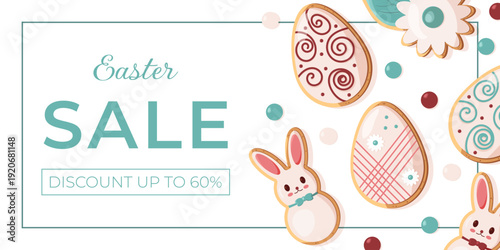 Easter sale banner featuring bunny and egg-shaped cookies. Template
