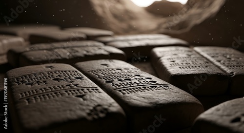 Ancient cuneiform tablets scattered in library ruins in Iraq with dusty light