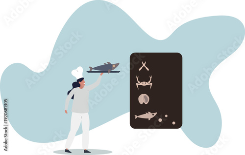 A female chef holds a tray of fish in her hand. Seafood menu.