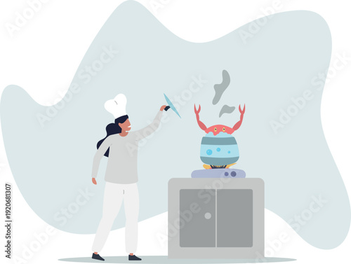 A female cook cooks a crab in a saucepan on the stove.