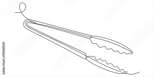 Continuous line drawing of a pair of metal kitchen tongs for cooking and serving food Vector, illustration