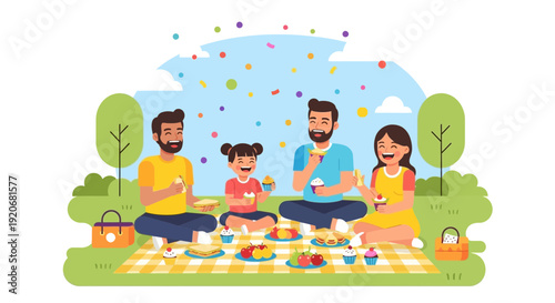 Joyful Family Picnic Celebration In A Sunny Park With Confetti