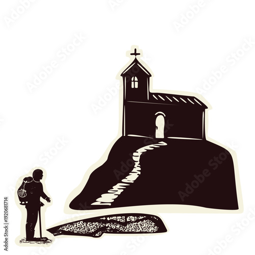 Little church on the hill with backpacker and rucksack on pilgrims way trail. Hand drawn isolated vector motif for camino pilgrimage travel