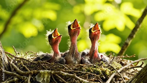 Cuckoo chicks are chirping in the nest, waiting for their mother cuckoo.