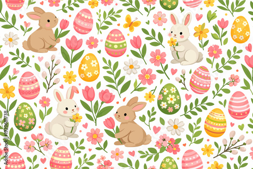 Cute rabbits with flowers and decorated eggs during spring festival time