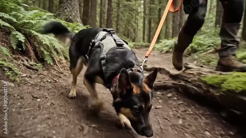 A police search dog, a German shepherd, picks up a scent on a path in the forest