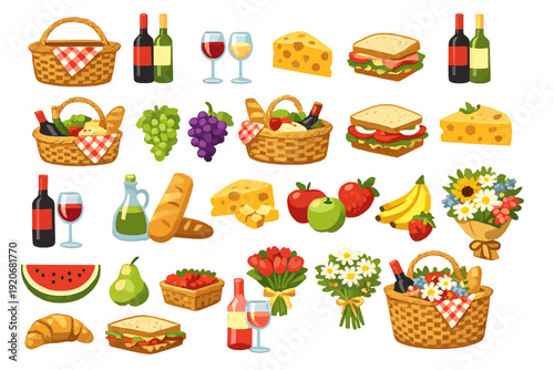 Variety of picnic food and drinks displayed with baskets, fruits, and flowers on a white background for outdoor gatherings