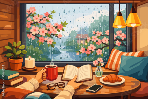 Cozy indoor scene with a person reading by the window on a rainy day with flowers outside