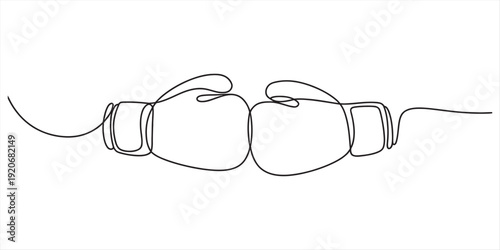 Continuous line drawing of two boxing gloves touching each other on a white background. Vector, illustration