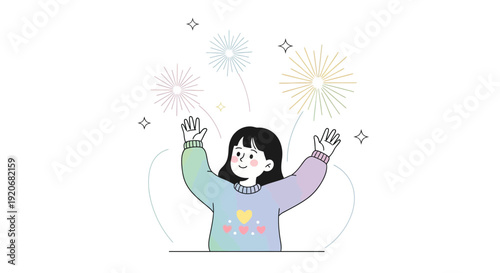 Joyful Girl Celebrating, Looking Up at Fireworks with Excitement and Wonder