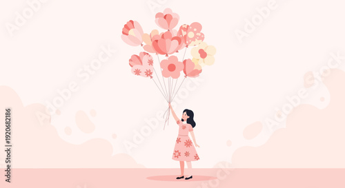 Joyful Girl Holding Delicate Floral Balloons In A Pastel Dreamscape