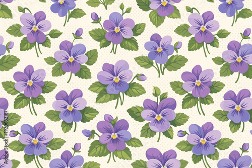 Beautiful flowers with purple petals and green leaves on a light background in a repeating pattern
