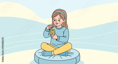 Joyful Girl Plays With Dreidel On Comfortable Cushion And Abstract Background