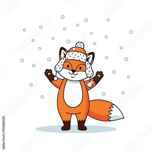 Joyful Fox In Winter Hat Embracing Falling Snowflakes