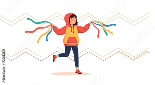 Joyful Girl Running With Colorful Streamers Celebration Fun