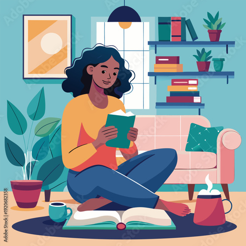 Relaxed woman with coffee and book in a warm, cozy setting, illustration of quiet enjoyment.