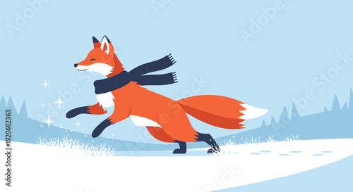 Joyful Fox Running Through Snowy Landscape Wearing A Scarf