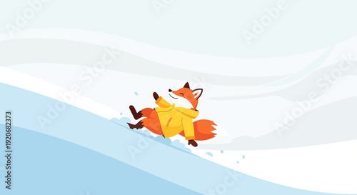 Joyful Fox Slides Down Snow Covered Hill Wearing Yellow Jacket