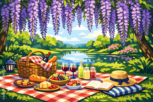Picnic near a lake with food, drinks, and a book under flowers in bright sunlight on a summer day