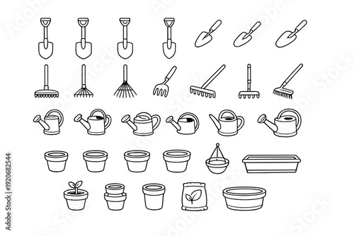 Gardening tools and supplies for planting displayed on a plain background in a simple arrangement for a gardening project