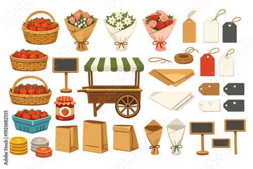 Wallpaper Mural Strawberry cart with baskets of strawberries and flower bundles in a market setting during the day Torontodigital.ca