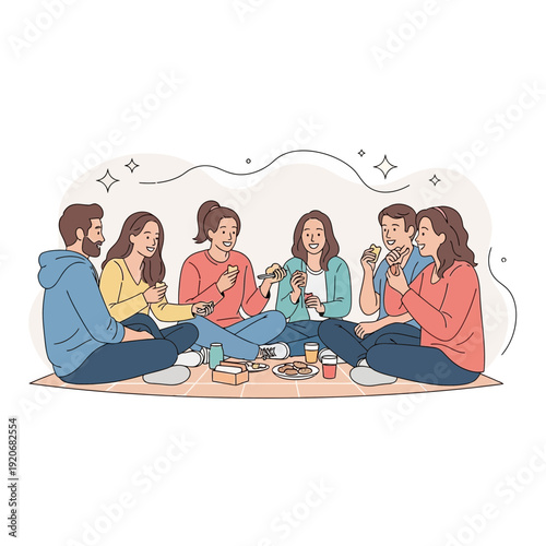 Joyful Friends Gather For A Picnic Sharing Food And Laughter Outdoors