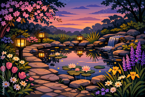 Colorful garden scene with pond, flowers, and lanterns during sunset hours in a quiet natural setting