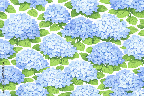 Blue hydrangea pattern on a white background with green leaves in a repeated design suitable for fabric or wallpaper