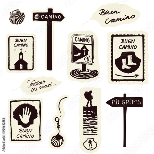 View of 2 pilgrims greeting Buen Camino as they are walking on pilgrimage. Signpost to Way of saint james, Camino de Santiago, Hand drawn vector for travel map picture on a rural way.