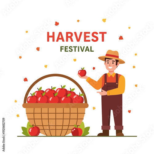 Joyful Harvest Celebration Depicting Farmer and Bountiful Apple Basket with Festive Autumn