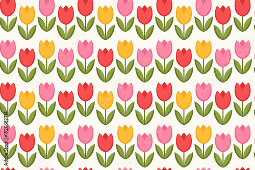 Colorful tulip pattern with various tulip colors on a light background showcasing floral design in a repeating style