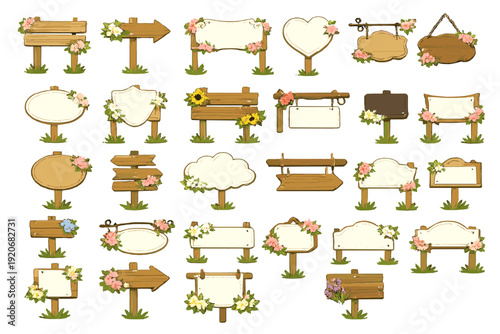 Wooden signs with flowers displayed in various shapes and sizes for decoration or guidance in a natural setting