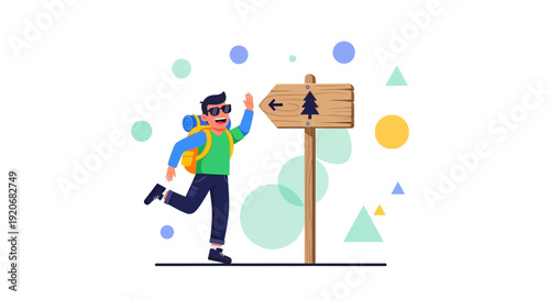 Joyful Hiker Discovers Path With Wooden Directional Sign