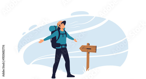 Joyful Hiker Embracing Nature at a Scenic Crossroads