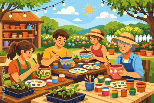 People engage in pottery making activity in a community garden during a sunny day with plants and tools around