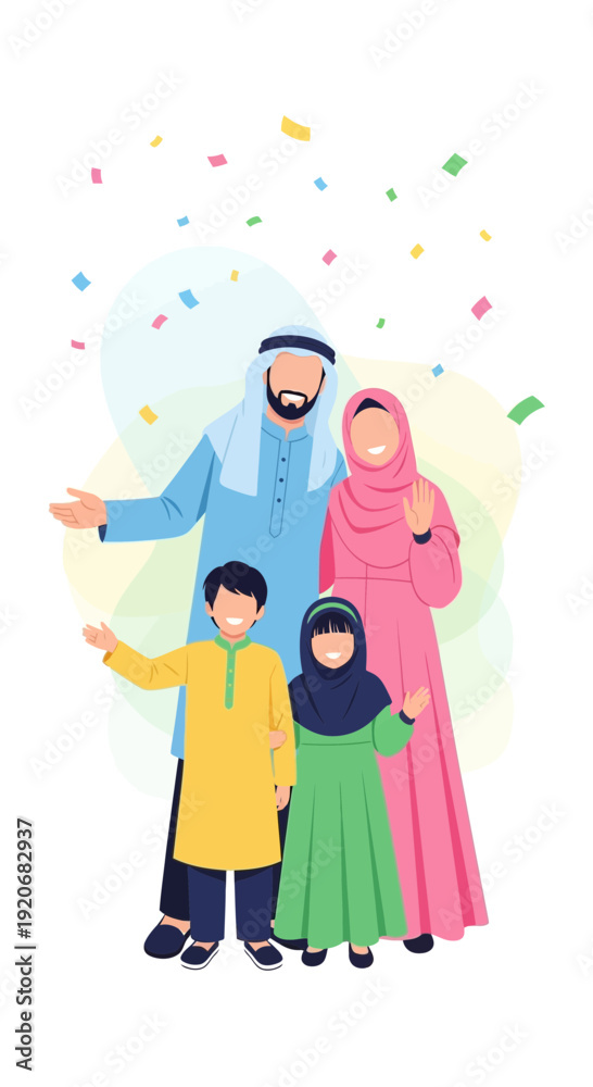 Obraz premium Joyful Islamic Family Celebration Festive Gathering Outdoors With Confetti