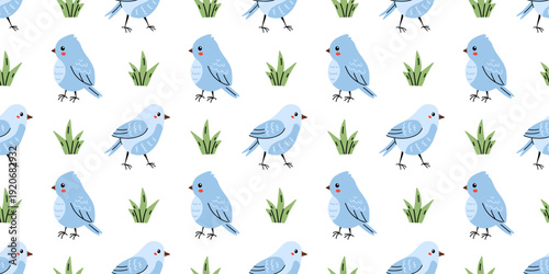 Vector seamless spring pattern with cute blue birds on white background. Playful bluebird garden print for kids textile, baby clothes, nursery wallpaper, wrapping paper and cheerful seasonal branding.